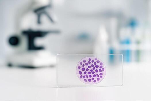 Microscopic View of Pink Stained Cells on Glass Slide with Blurred Laboratory Background and White Microscope, Science and Research Concept photo