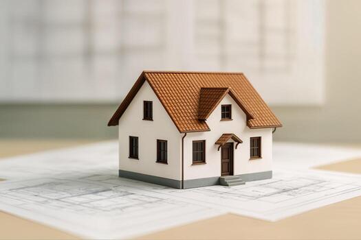 Model House on Architectural Blueprints with Detailed Structure and Realistic Design for Real Estate and Construction Concepts photo