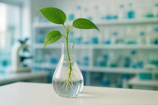 Plant Cutting in Laboratory Flask with Roots and Leaves in a Scientific Environment Highlighting Growth and Experimentation in Modern Botanical Studies photo