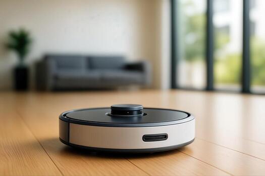 Modern Robot Vacuum Cleaning Hardwood Floor in Minimalist Living Room with Large Windows and Sofa in Background photo