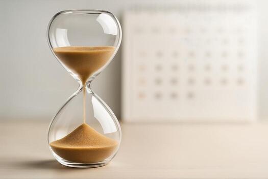 Hourglass With Flowing Sand on Table in Front of Blurred Wall Calendar Symbolizing Passage of Time and Future Planning photo