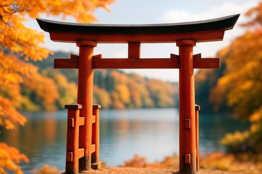 Torii Gate Surrounded by Vibrant Autumn Foliage with Calm Lake in Background Creating a Serene and Picturesque Scene photo