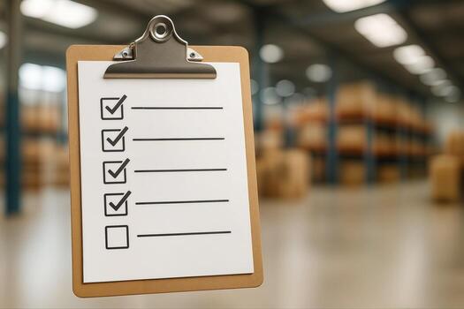 Warehouse Inventory Completion Checklist on Clipboard in Industrial Storage Facility with Blurred Background photo