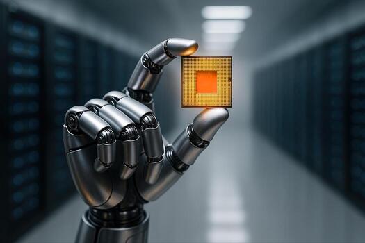 Robotic hand holding a golden microchip CPU GPU between thumb and forefinger in a server room corridor. Technology mockup with bokeh background. AI hardware and data center concept. Close-up shot photo