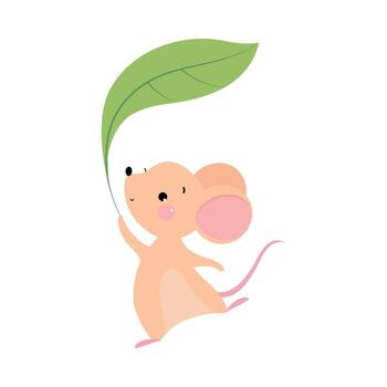 Funny Mouse with Pointed Snout and Rounded Ears Dancing with Green Leaf Illustration vector