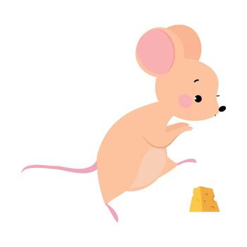 Cute Mouse with Pointed Snout and Rounded Ears Tiptoeing Towards Cheese Slab Illustration vector