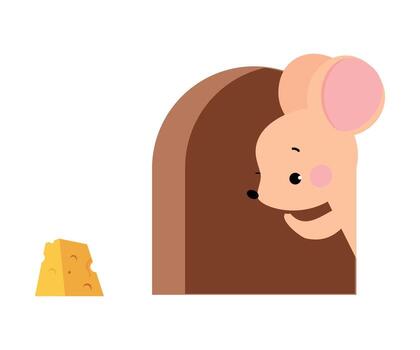 Cute Mouse with Pointed Snout and Rounded Ears Peeping from Its Hole for Cheese Slab Illustration vector