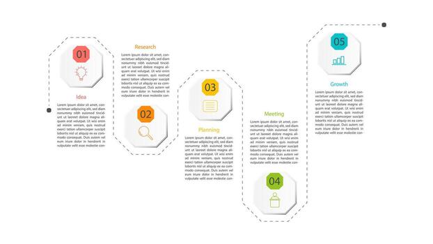 limpiar y moderno 5 pasos negocio proceso infografía con hexagonal iconos ideal para estrategia, puesta en marcha conceptos, crecimiento planes, y proyecto flujos de trabajo. vector