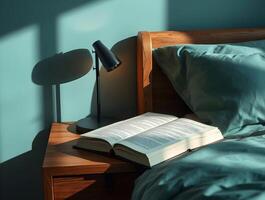 un abierto libro se sienta en un cama siguiente a un lámpara foto