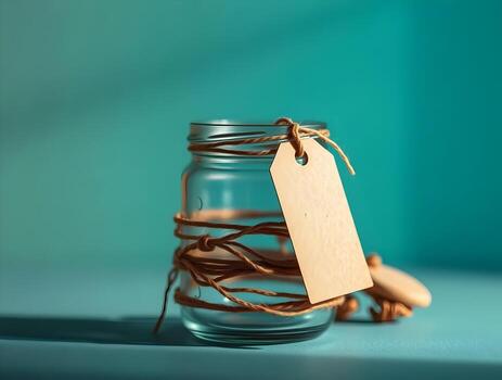 un tarro con un etiqueta y cuerda en un mesa foto