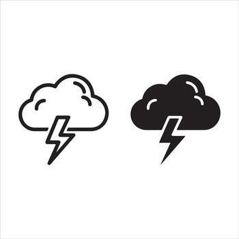 Storm cloud and lightning bolt symbols in outline and solid styles vector