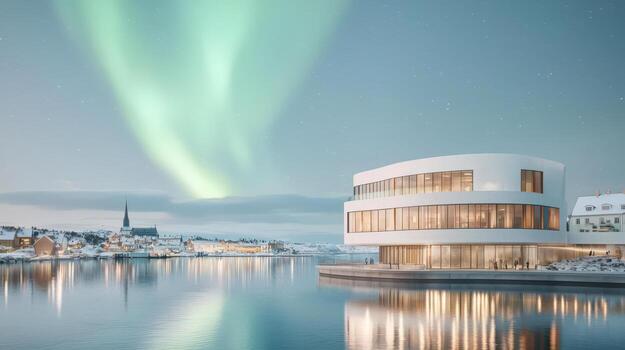 Modern architecture by the water under a stunning aurora borealis. photo
