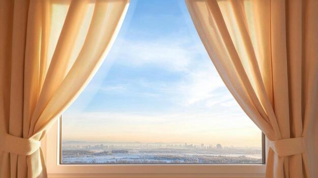 Peaceful window view with sheer curtains, serene morning light and soft cloud patterns. photo