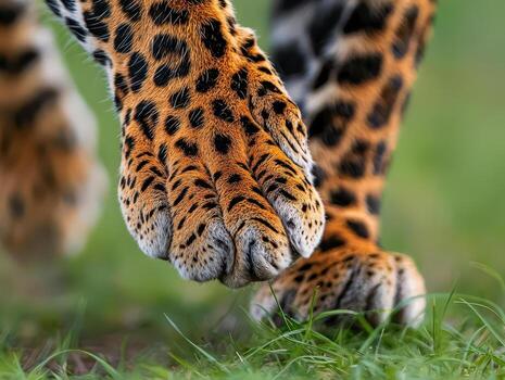 Leopard paw close up with detailed fur pattern and sharp claws walking on green grass in natural habitat photo