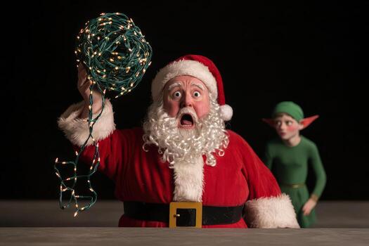 Santa holding up tangled string of glowing Christmas lights with surprised expression and elf in background photo