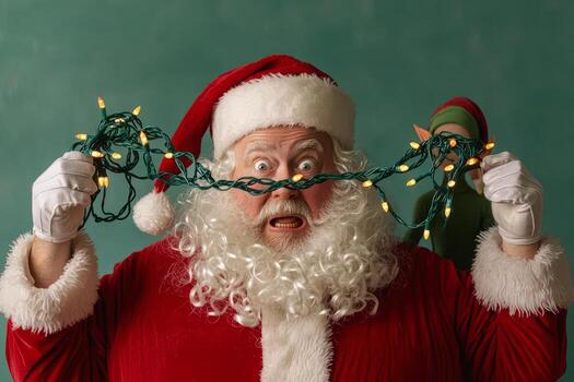 Santa Claus holding tangled string of yellow Christmas lights with surprised expression and elf in background photo