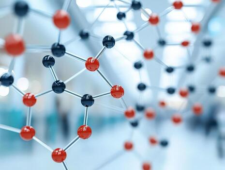 Molecular diagrams integrated with red and black atoms connected by silver bonds in scientific and futuristic setting photo
