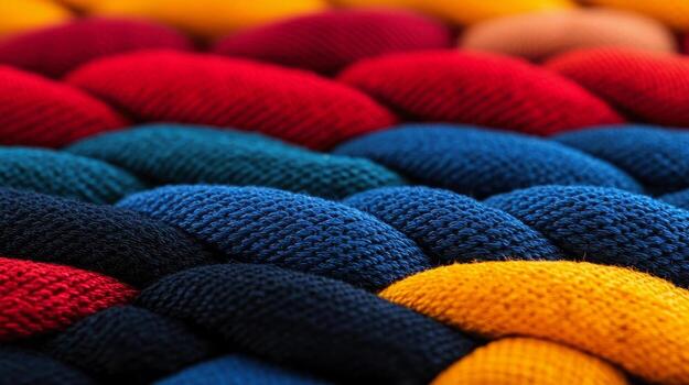 Close up of colorful braided fabric strands showing detailed texture and vibrant colors in cozy pattern photo