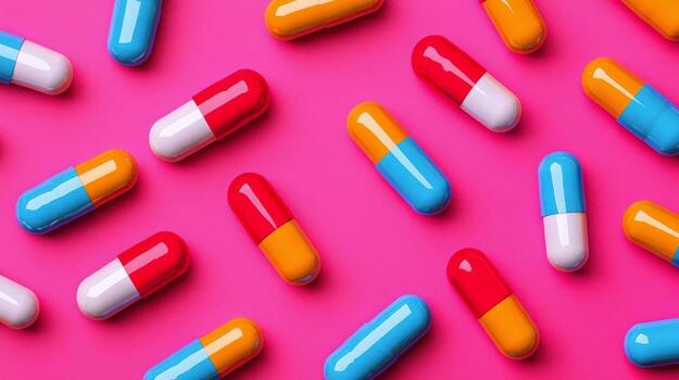 Colorful capsules scattered on vibrant pink background, creating lively and energetic medical concept image photo
