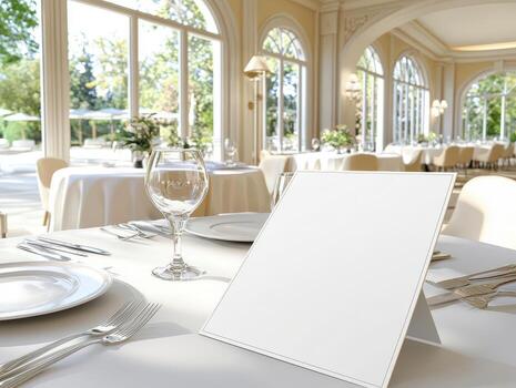 Elegant dining set up with empty menu card on table, natural light, sophisticated ambiance. photo