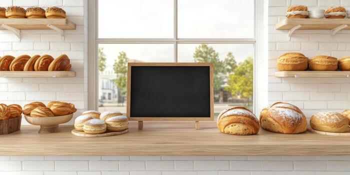 Freshly baked bread displayed on a wooden countertop in a bright bakery. photo