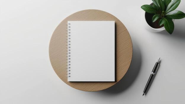 Blank notebook on wooden table with pen and plant, minimalist workspace. photo