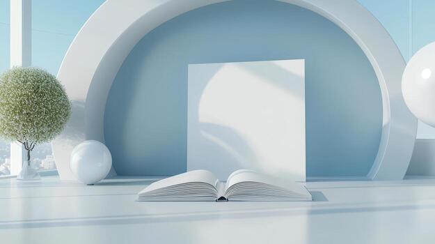 Open book with blank page on minimalist background, modern interior design. photo