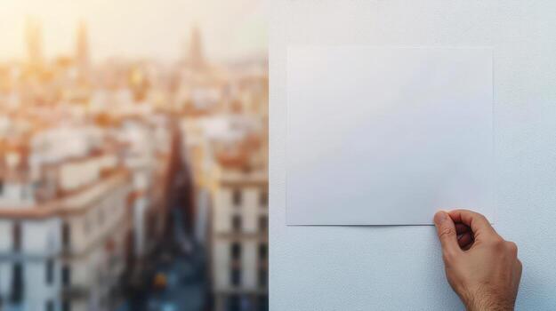 Hand holding blank paper with cityscape in soft focus background. photo
