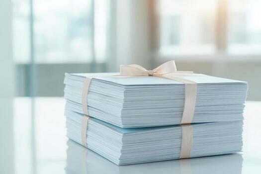 Stack of neatly arranged papers tied with a ribbon on a bright workspace. photo