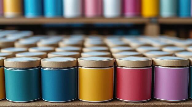 Colorful jars neatly arranged on a shelf, isolation, artistic display. photo