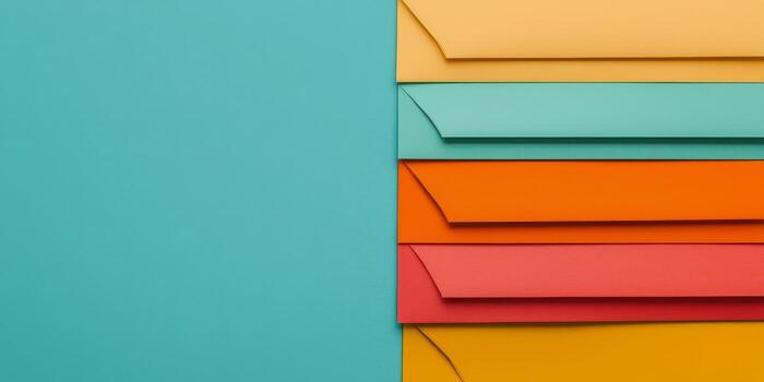 Colorful envelopes stacked on a teal background, creating a vibrant office aesthetic. photo