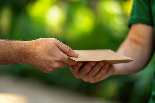 Hands exchanging a package outdoors with greenery in the background. photo