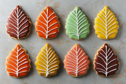 Assorted leaf-shaped cookies in autumn colors on a beige background. photo