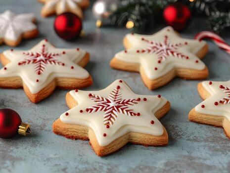 decorativo en forma de estrella galletas con festivo Formación de hielo en un texturizado superficie. foto