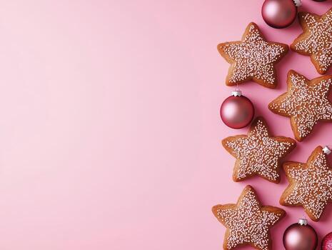 en forma de estrella galletas decorado con Formación de hielo en un rosado antecedentes. foto