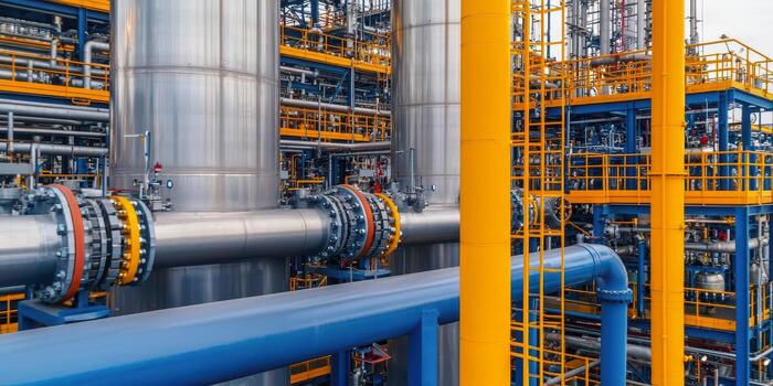 Industrial pipeline system with metallic structures and vibrant colors. photo