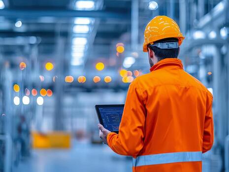 Worker in orange safety gear using a tablet in a modern industrial setting. photo