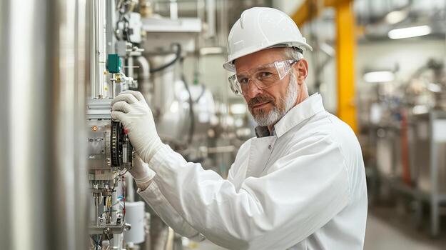 Senior engineer calibrating machinery in a modern industrial setting. photo