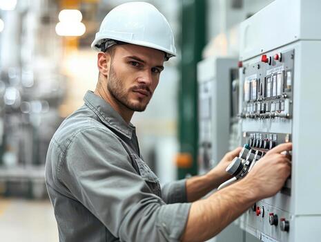 Worker adjusting controls in a factory, focused and professional environment. photo