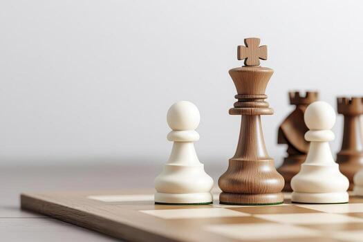 Chess pieces on board, strategic elements of the game, white background. photo
