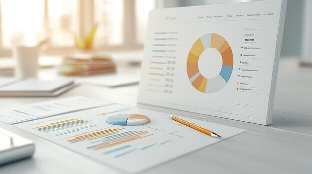 Financial report with charts, graphs, and stationery on a desk, bright office setting. photo