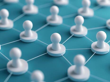 Connection network of white figurines on a blue background. photo