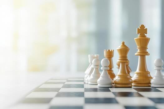 Close-up view of chess pieces on a board, blurred background. photo