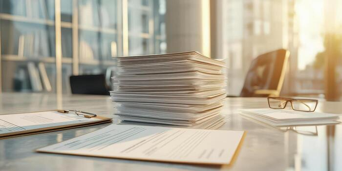Stack of documents on a desk, sunlight streaming through a window. photo