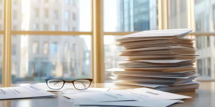 Stack of documents with glasses on a table in a bright office environment. photo