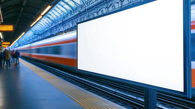 Train station platform with blank advertising board and speeding train passing by. photo