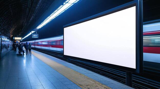Subway station with a blank advertisement board and moving train in the background. photo