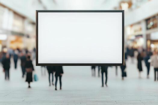 Empty advertisement board in a busy shopping area, blurred people in the background. photo