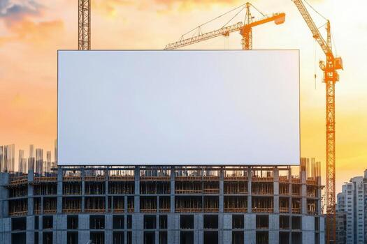 Construction site with a blank billboard during sunset, vibrant colors in the background. photo
