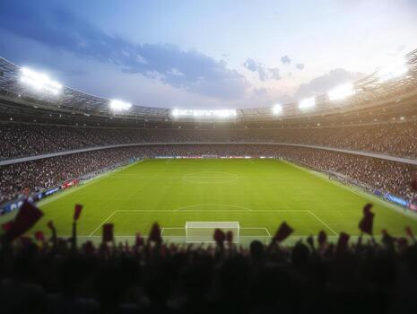 Vibrant stadium scene with cheering crowd and well-lit soccer field at dusk. photo
